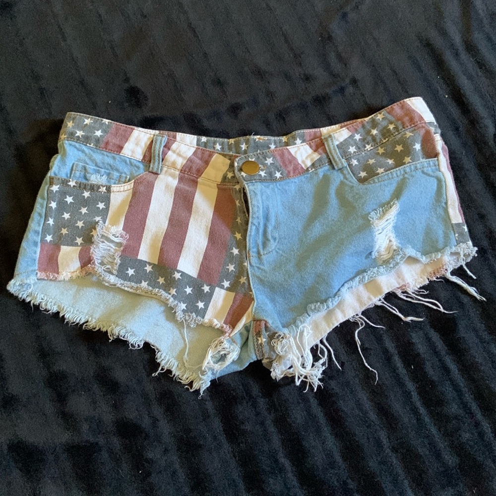 American Flag denim shorts cowgirl rodeo USA 4th of July. 250! Parade beach L